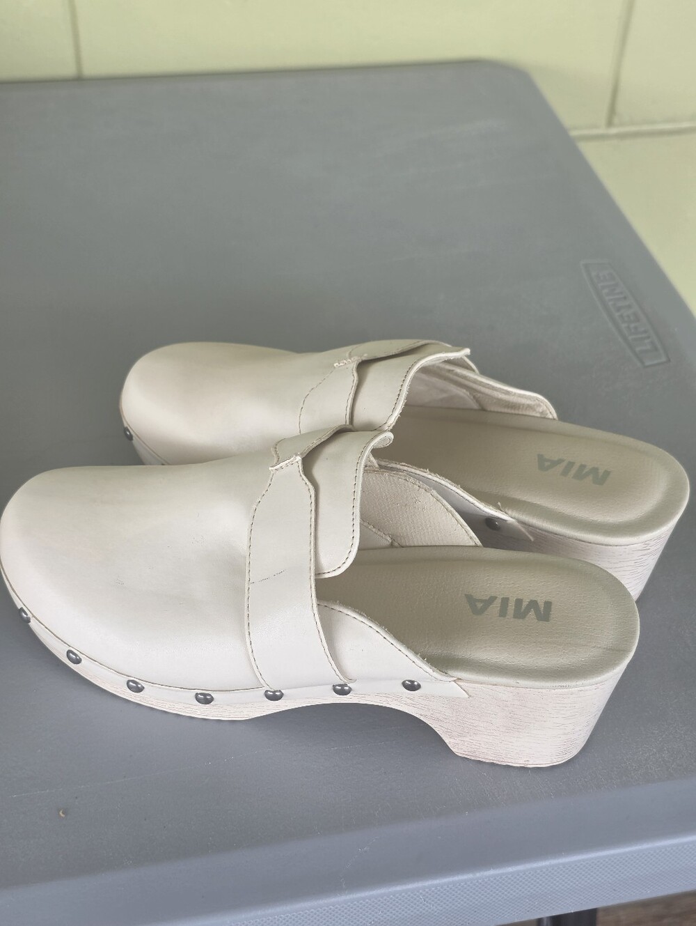 MIA Cream Studded Leather Slip-On Clogs